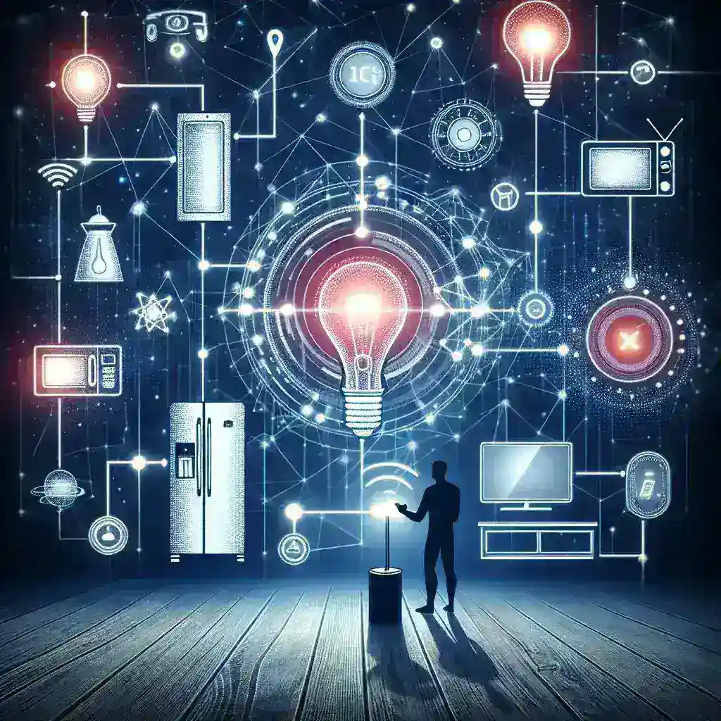 "Smart home automation system showcasing interconnected devices, including a smart thermostat, security camera, and voice-activated speaker, demonstrating innovative technology for seamless home connectivity."