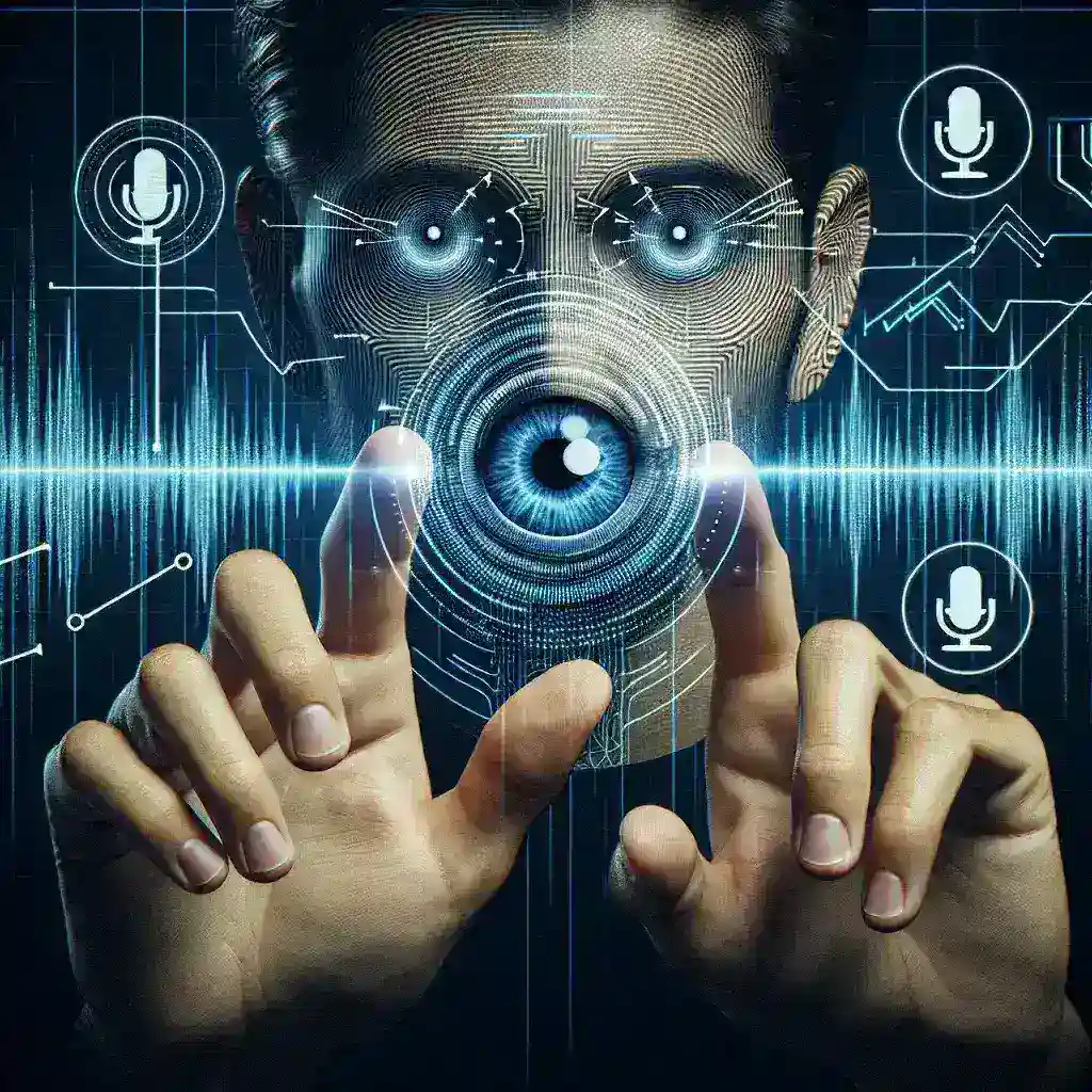 "Person using VisionOS device showcasing advanced eye tracking, gesture control, and voice input technology for an immersive user experience in the future of interface design."