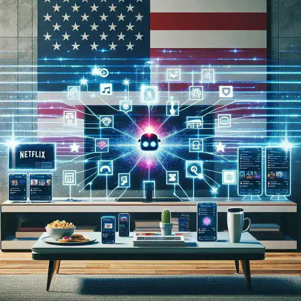 "Comcast employee demonstrating AI-powered entertainment preference engine on a tablet, showcasing personalized content recommendations for U.S. households."