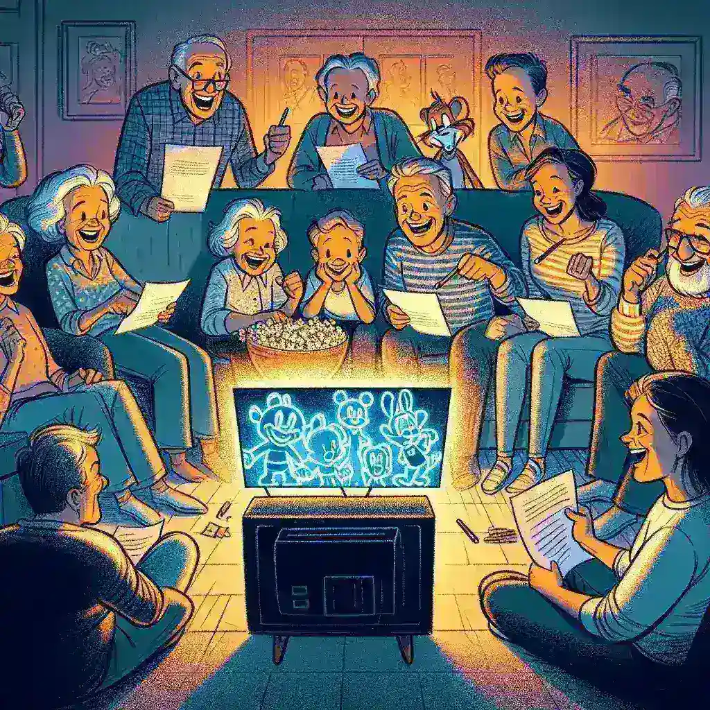 "Family members enjoying a synchronized quiz night while watching classic Disney+ movies together, highlighting the interactive experience of Disney's new feature for family bonding."