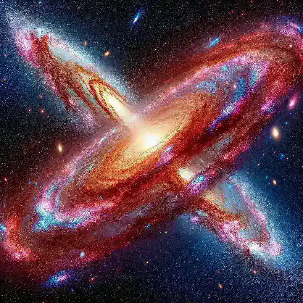 "AI predictive model visualizing the future collision between the Milky Way and Andromeda galaxies, illustrating cosmic interactions and astronomical phenomena."